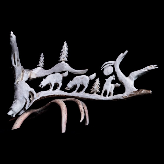 sculpture bois d'orignal meute de loups
